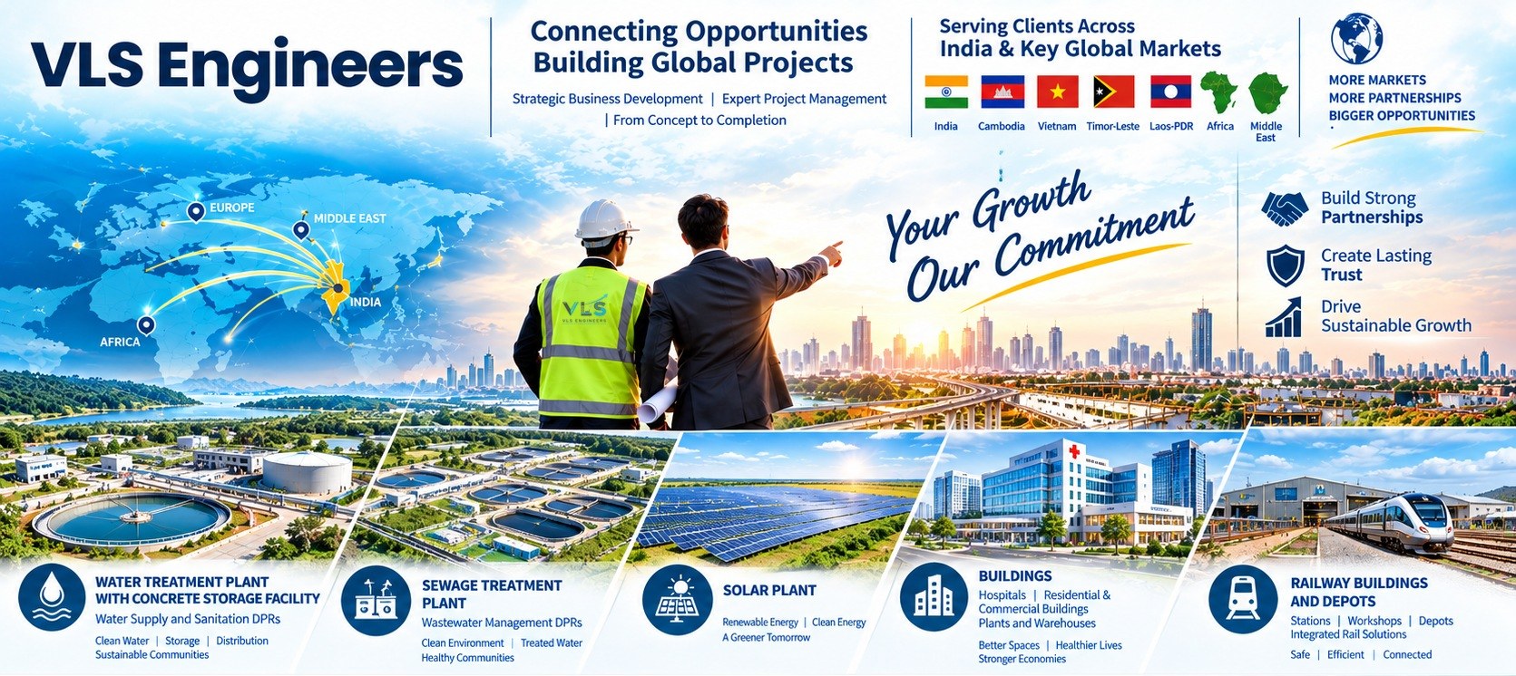 VLS Engineers: your growth, our commitment, with water treatment, sewage treatment, solar, building and railway projects across India and key global markets